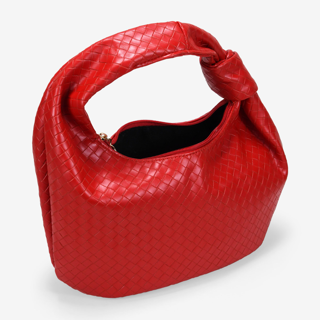 Bolso de hombro rojo trenzado con nudo