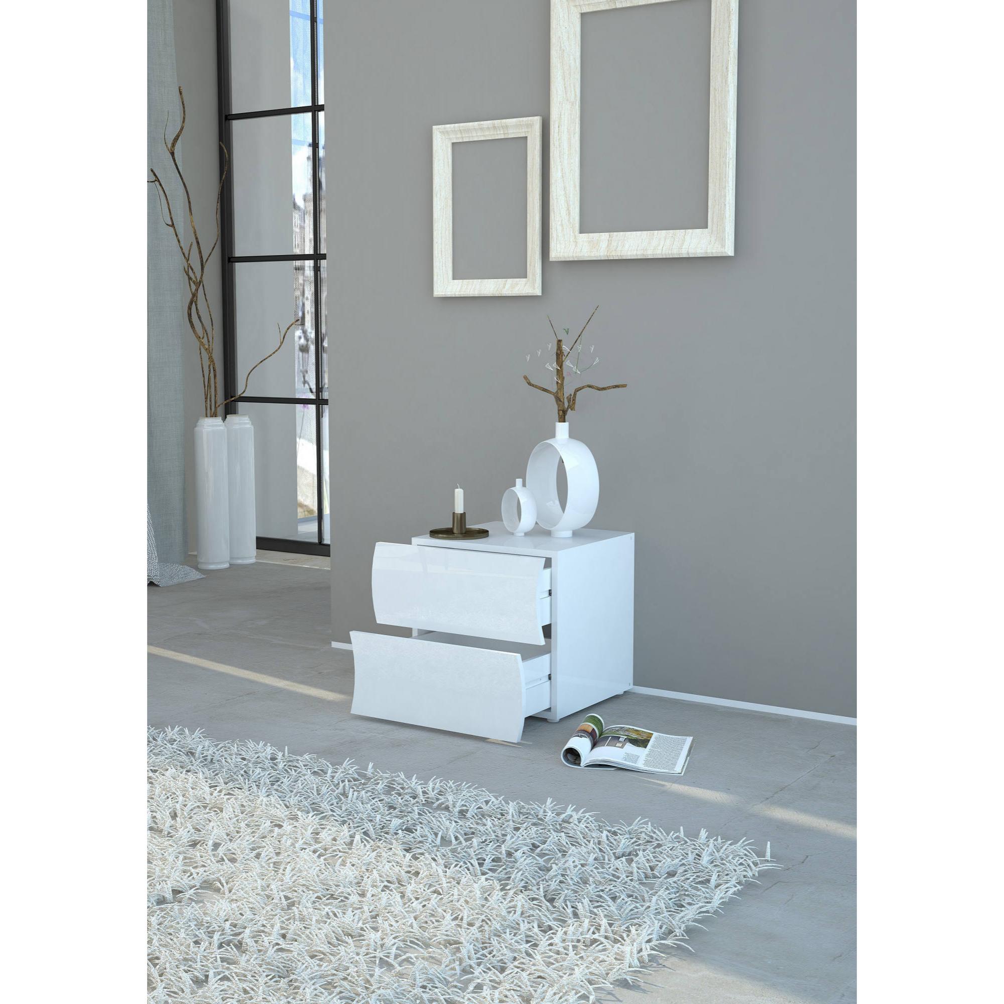 Comodino ondulato moderno a 2 cassetti, Made in Italy, Tavolino da notte, Mobiletto per camera da letto, cm 50x40h41, colore Bianco lucido