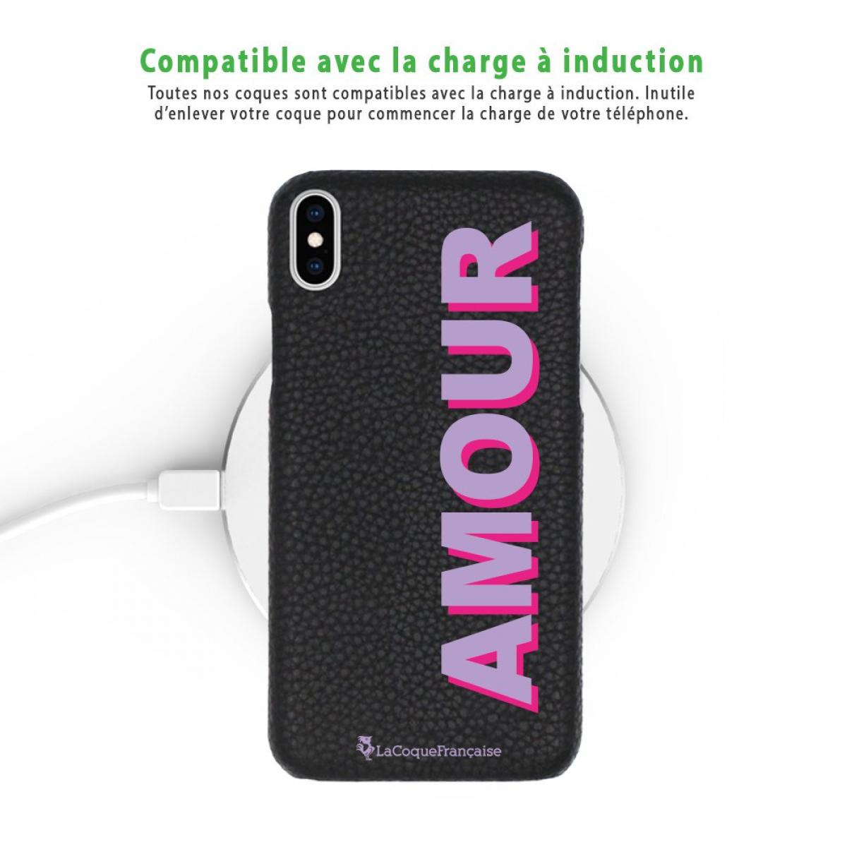 Coque iPhone X/XS effet cuir grainé noir Amour parme et fushia Design La Coque Francaise