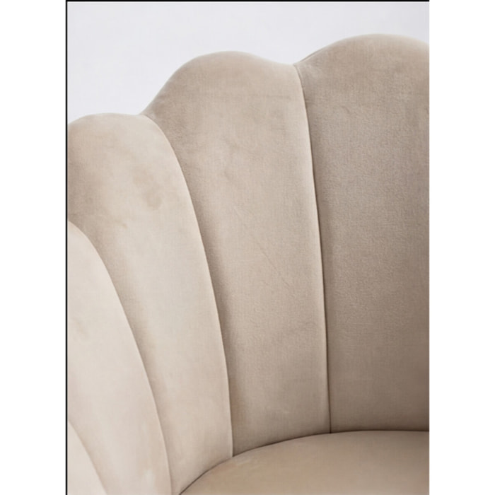 Poltrona in velluto design a conchiglia elegante e moderna, seduta imbottita confortevole con base in legno e gambe in metallo dorato, poltroncina versatile per soggiorno, camera o ufficio, stabile e resistente fino a 100 kg, stile raffinato e decorativo