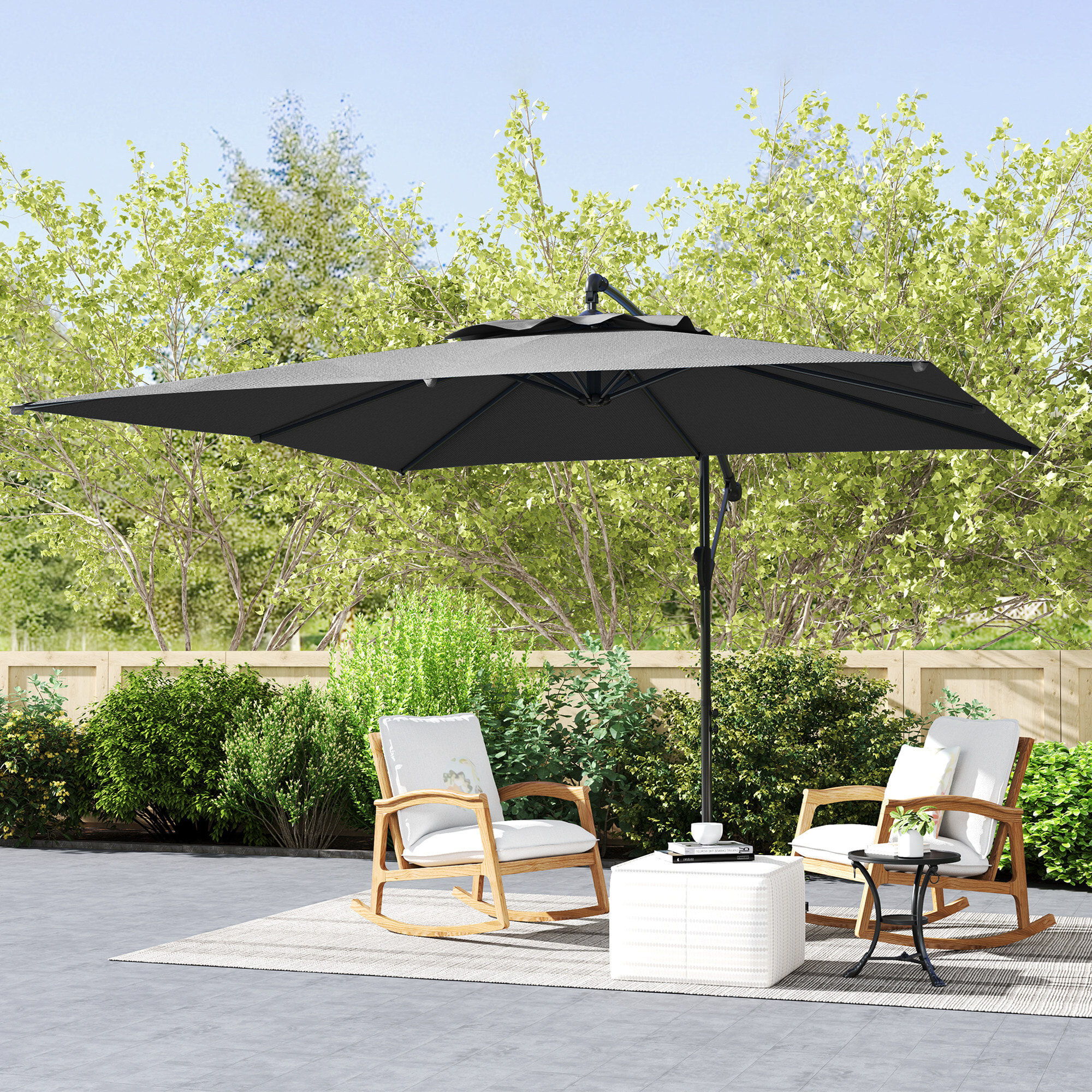 Parasol déporté carré 3 x 3 m réglable piètement croix manivelle tissu haute densité 180g/m² UPF50+ gris