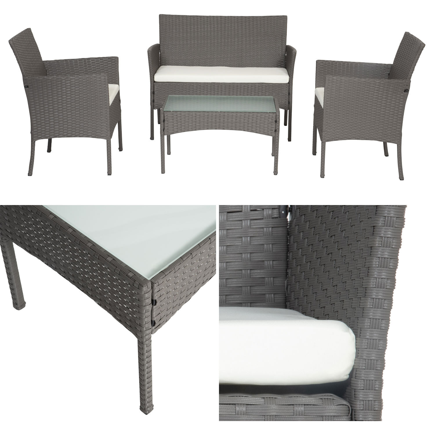 Salon de jardin CORDOUE en résine tressée gris 4 places - coussins ivoire