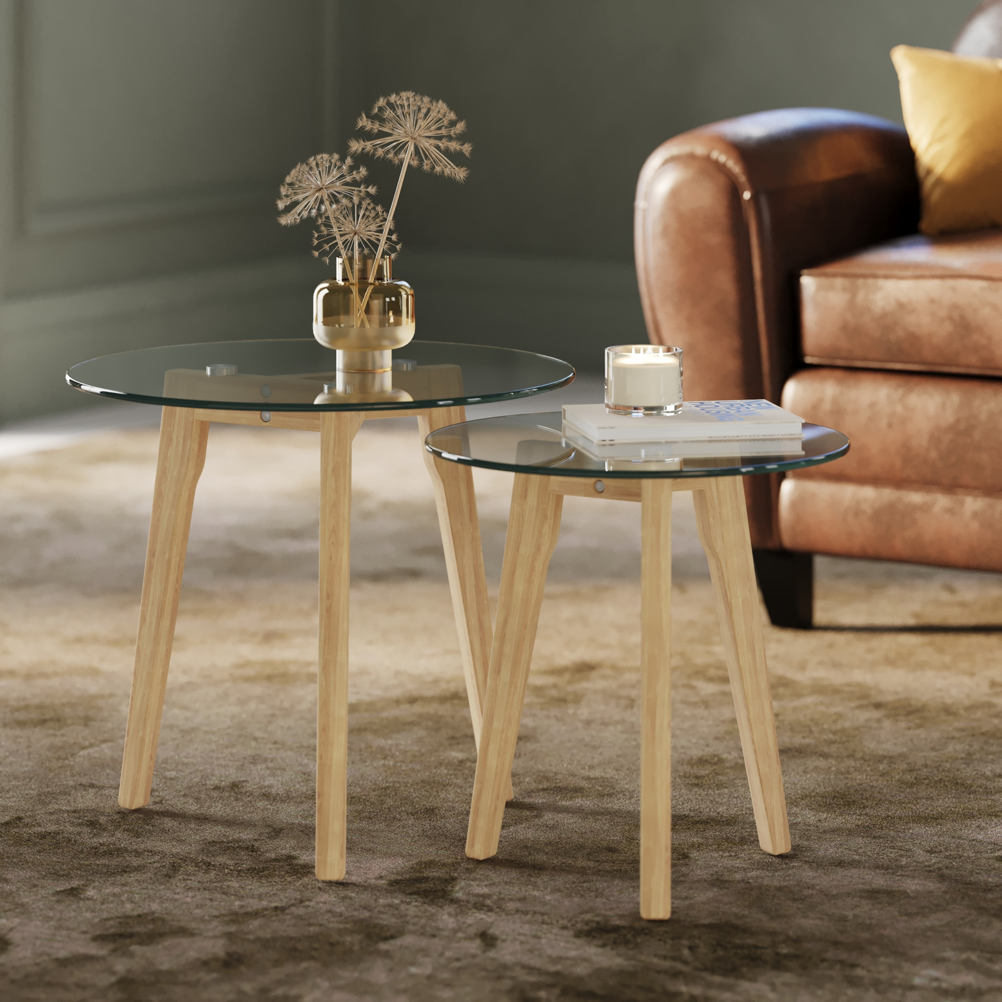 Tables basses rondes en verre et bois d'hévéa (lot de 2) - Vénus
