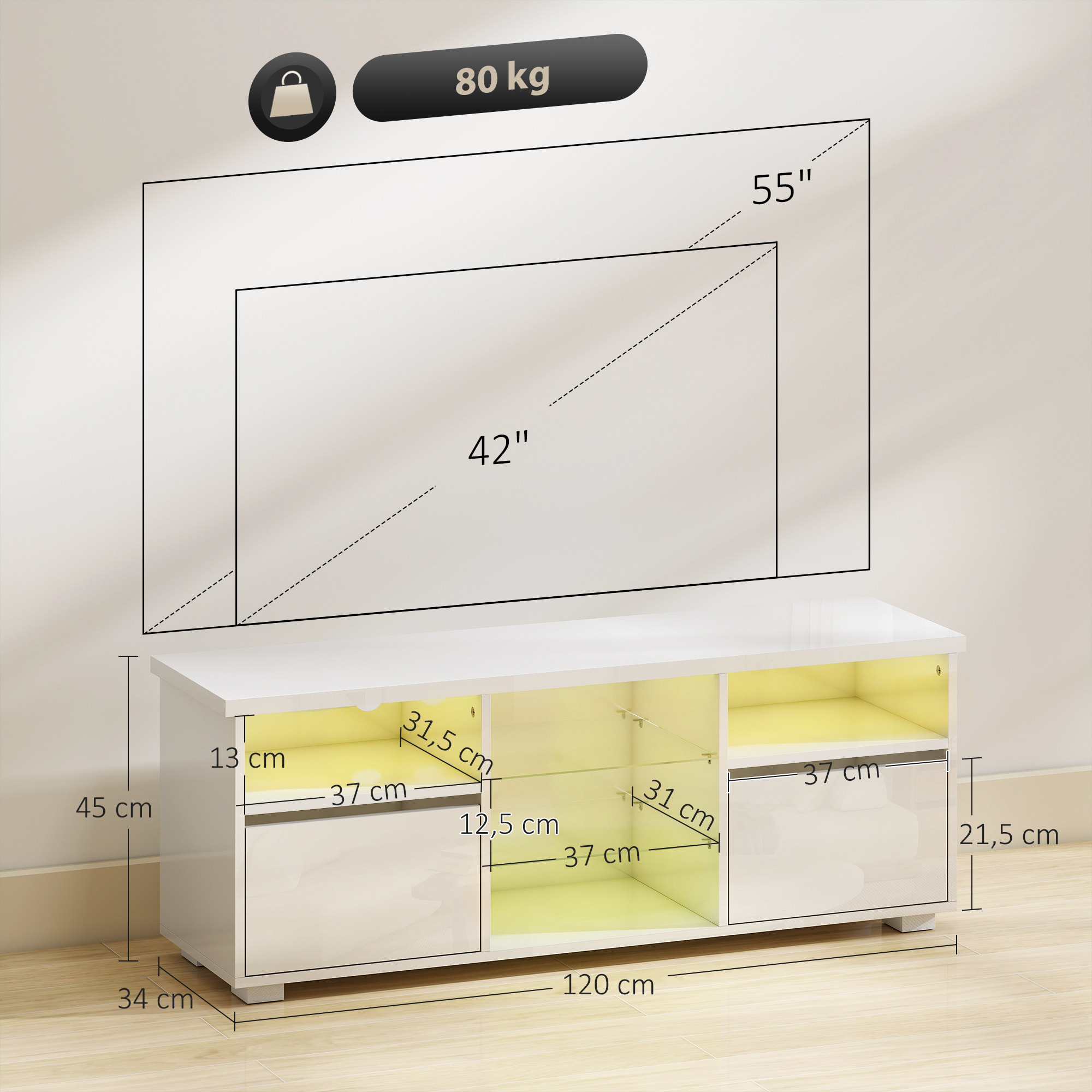 Meuble TV blanc laqué LED design multi-rangement dim. 120 x 34 x 45 cm