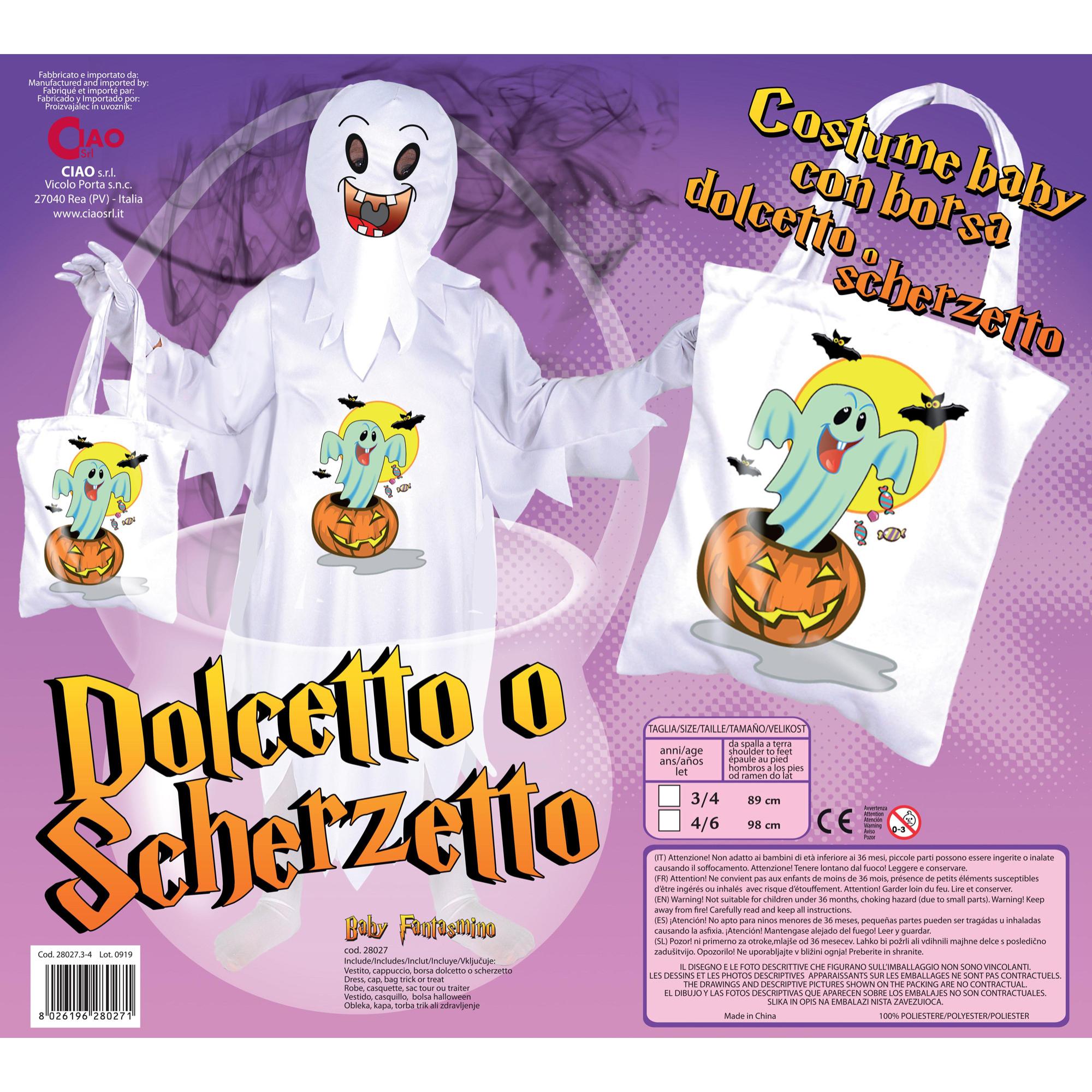 Costume Halloween Fantasmino Con Borsa Porta Dolcetti Bianco Bambino