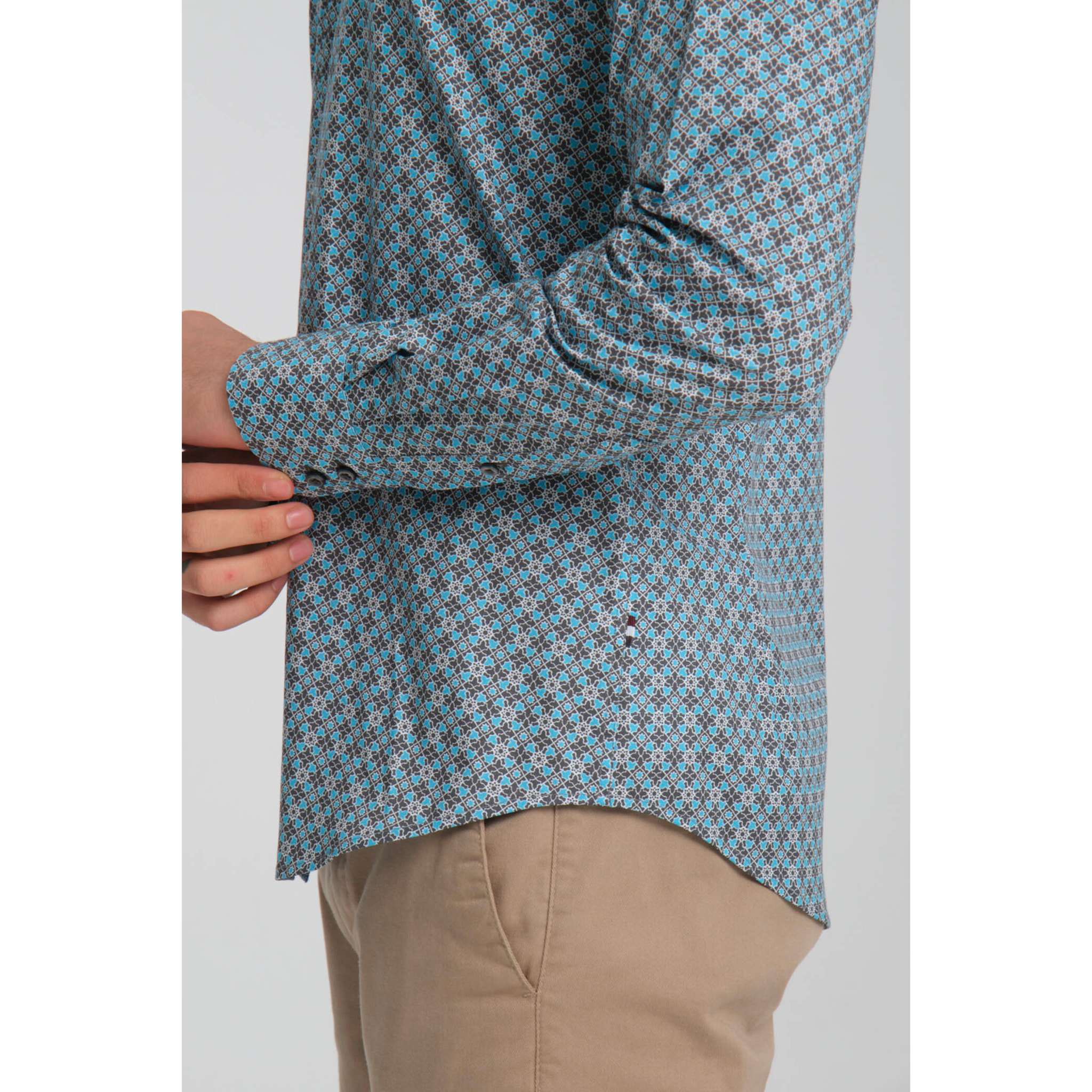 Camicia Uomo 2 Bottoni Button Down Slim Popeline Stretch Stampato Piombo Turchese Chiaro