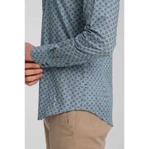Camicia Uomo 2 Bottoni Button Down Slim Popeline Stretch Stampato Piombo Turchese Chiaro