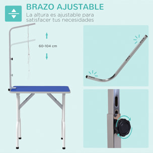 Mesa de Peluquería Canina Plegable, Mesa de Aseo con Encimera Antideslizante, Brazo de Acero Inoxidable Ajustable, para Perros, Gatos, 81x48,5x80 cm, Azul