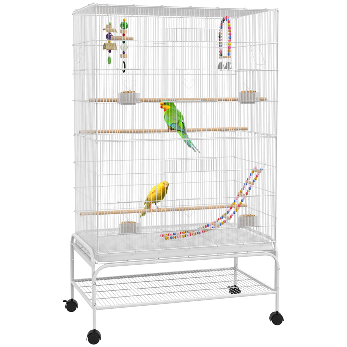 Jaula para Pájaros con Ruedas Jaula Grande con Soporte Pajarera con Bandeja Extraíble Puertas Comederos Perchas Juguetes y Estante Inferior para Canarios Periquitos 79x49x133 cm Blanco
