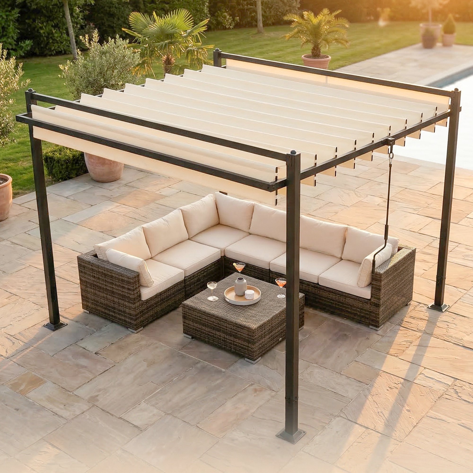 Pérgola de Jardín 3x3,8 m, Cenador de Jardín con Techo de Lamas Ajustable a 90°, Manivela, Estructura de Aluminio y Acero, Protección UPF50+, Pabellón para Exterior, Patio, Terraza, Beige