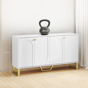 Aparador 4 Puertas Aparador para Salón Moderno con Estantes Ajustables y Patas Doradas para Comedor Entrada Mueble para TV hasta 65 Pulgadas Blanco 140,8x35x77,5 cm