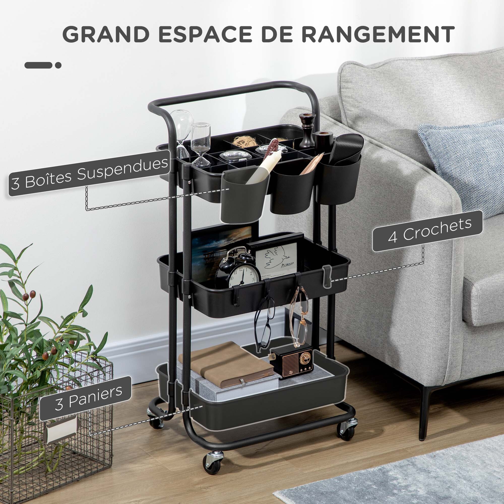 Desserte de cuisine - 3 étagères avec rebords - 4 crochets, 3 pots suspendus - acier ABS noir