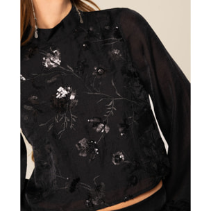 Blusa de cuello subido con bordado y lentejuelas de mujer