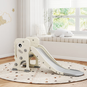 Tobogán Infantil 3 en 1 Tobogán para Niños de 2 a 5 Años Plegable con Escalera Canasta de Baloncesto Diseño de Dinosaurio y Hebillas Reforzadas para Interior 146x52x65 cm Blanco Crema