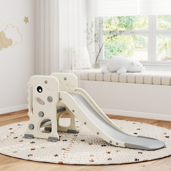 Tobogán Infantil 3 en 1 Tobogán para Niños de 2 a 5 Años Plegable con Escalera Canasta de Baloncesto Diseño de Dinosaurio y Hebillas Reforzadas para Interior 146x52x65 cm Blanco Crema