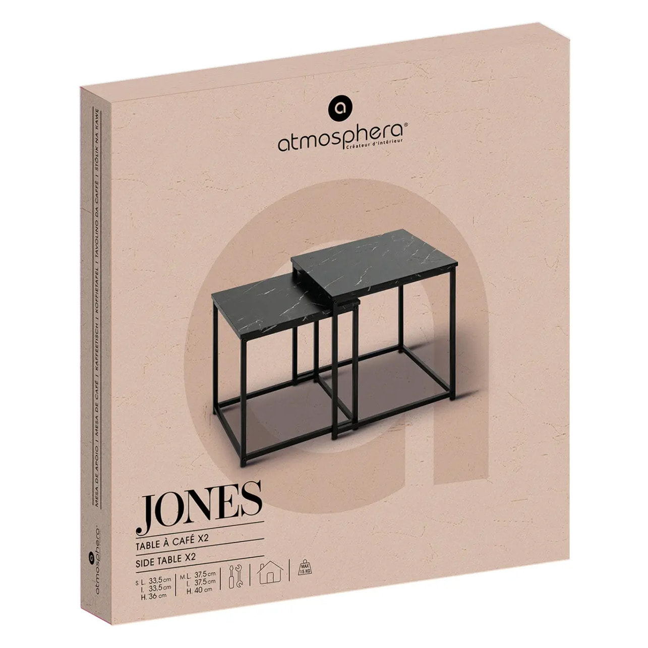Lot de 2 tables basses Jones effet marbre noir L37/33cm