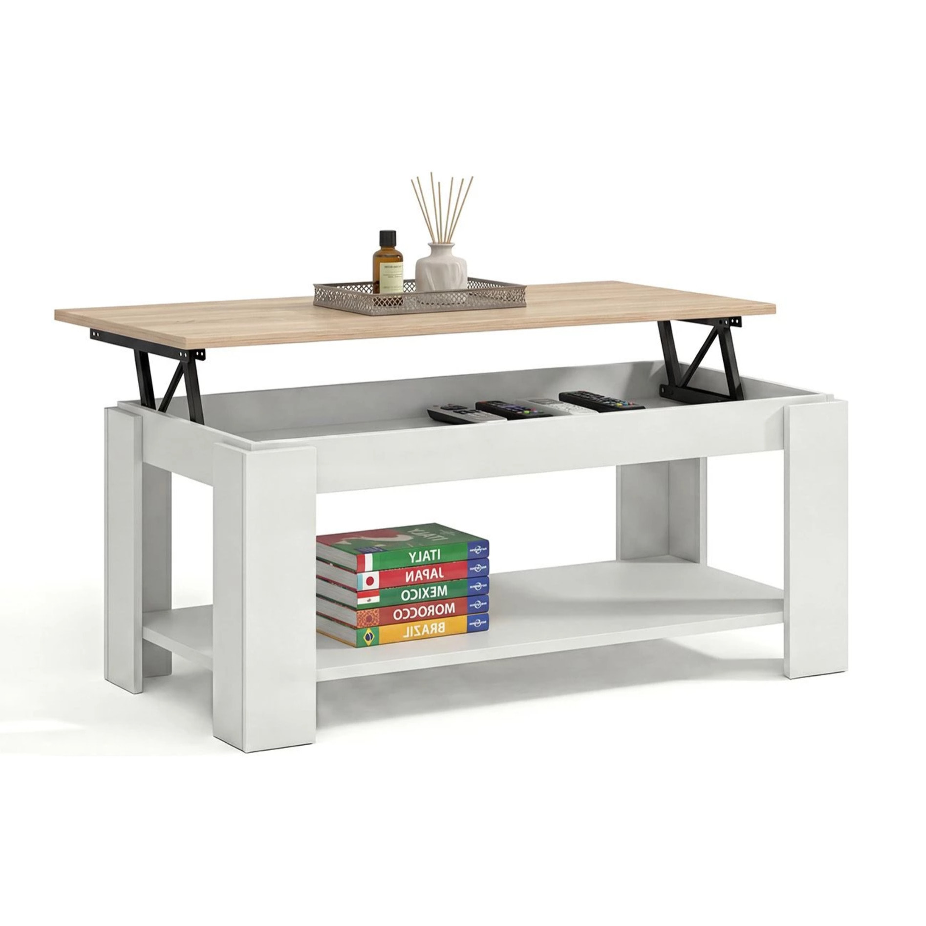 Mesa de centro elevable con almacenaje en blanco artik y roble canadian 102x43-54 cm Lya Blanco Artik (Blanco Mate) - Roble Canadian