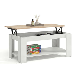 Mesa de centro elevable con almacenaje en blanco artik y roble canadian 102x43-54 cm Lya Blanco Artik (Blanco Mate) - Roble Canadian