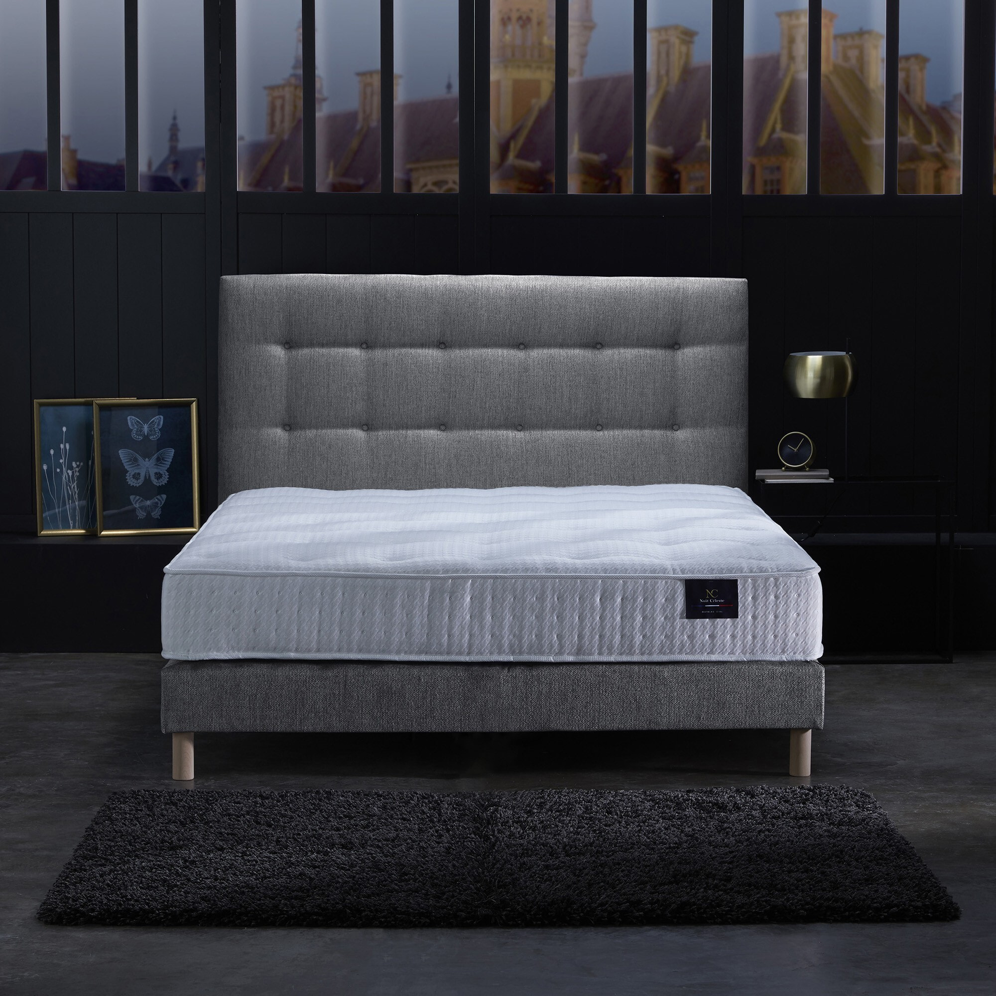 Sommier confort CRÉPUSCULE, durable avec tête de lit capitonnée - gris souris