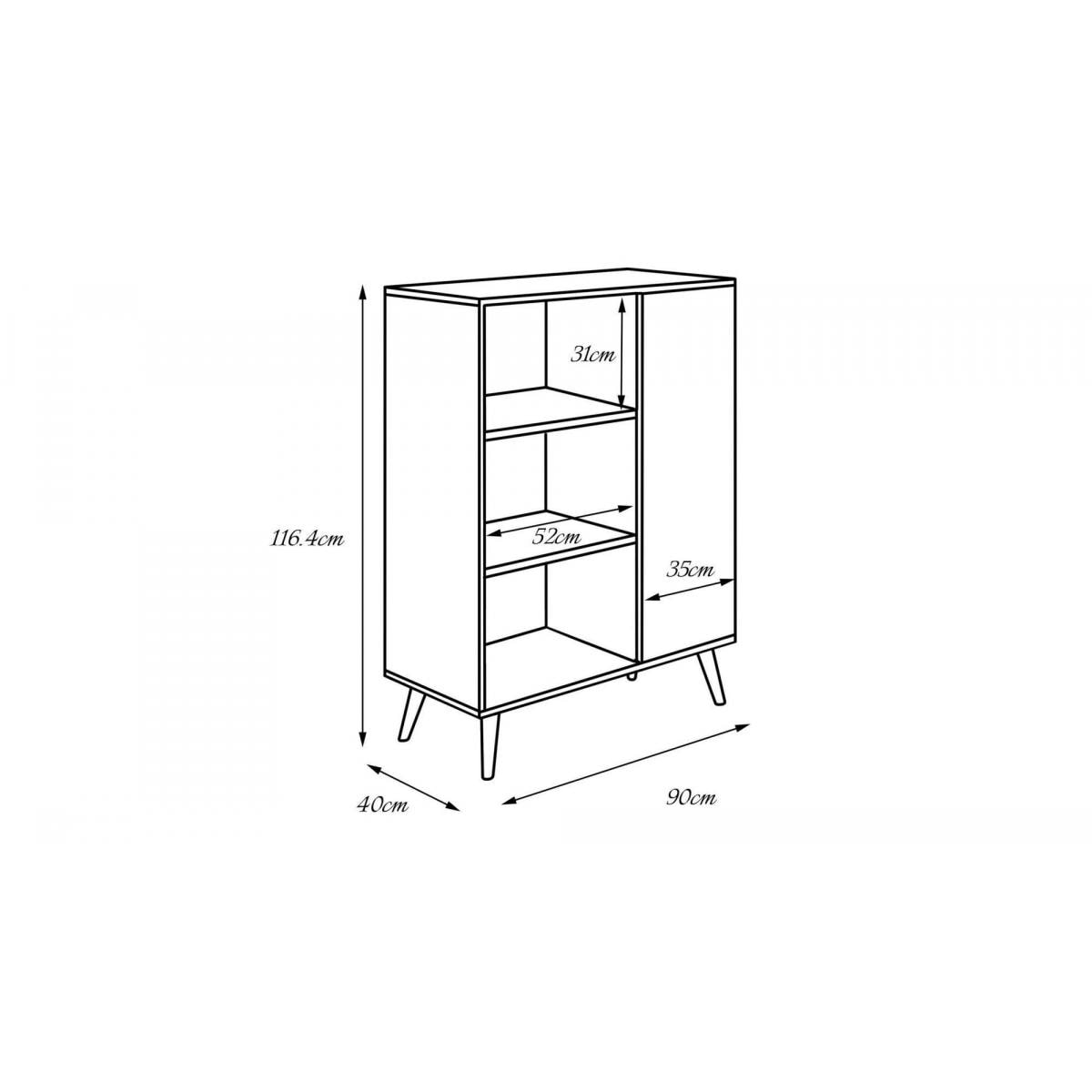 Credenza a 1 anta e 2 ripiani, Buffet con piedini, Madia da soggiorno in stile scandi, Libreria con scaffali, cm 40x90h116, colore Bianco e Acero