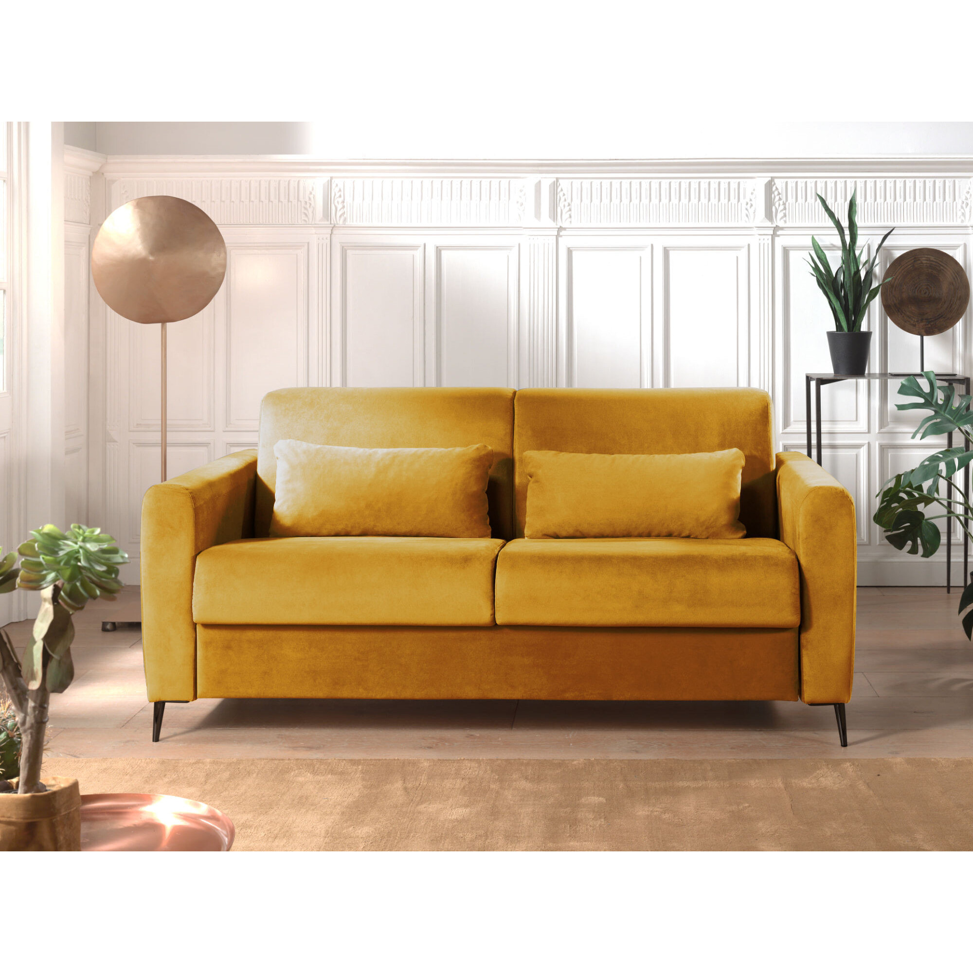 Owen - canapé lit 3 places convertible express couchage quotidien 140 cm matelas 12 cm en velours - Jaune