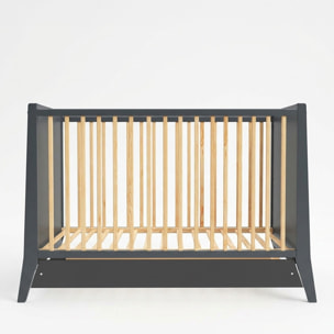 Lit Evolutif Timéo à barreaux 60 x 120 cm, Gris & Bois, En Bois, 3 Hauteurs, Tiroir intégré, Barreaux amovibles