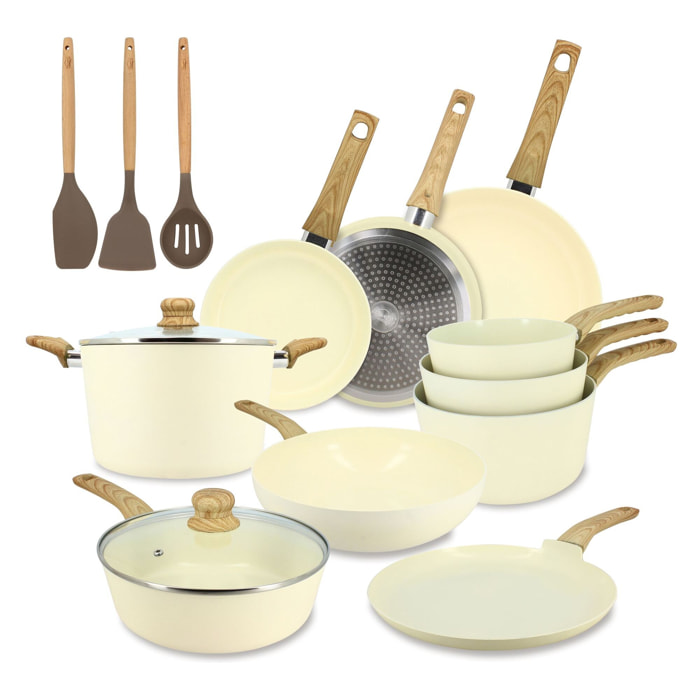 Batterie de cuisine 13 pièces en aluminium recyclé crème - tout feux COLORAMA