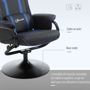 Fauteuil gamer inclinable pivotant avec repose-pied - coussins lombaires, tétière inclus - revêtement synthétique bleu noir