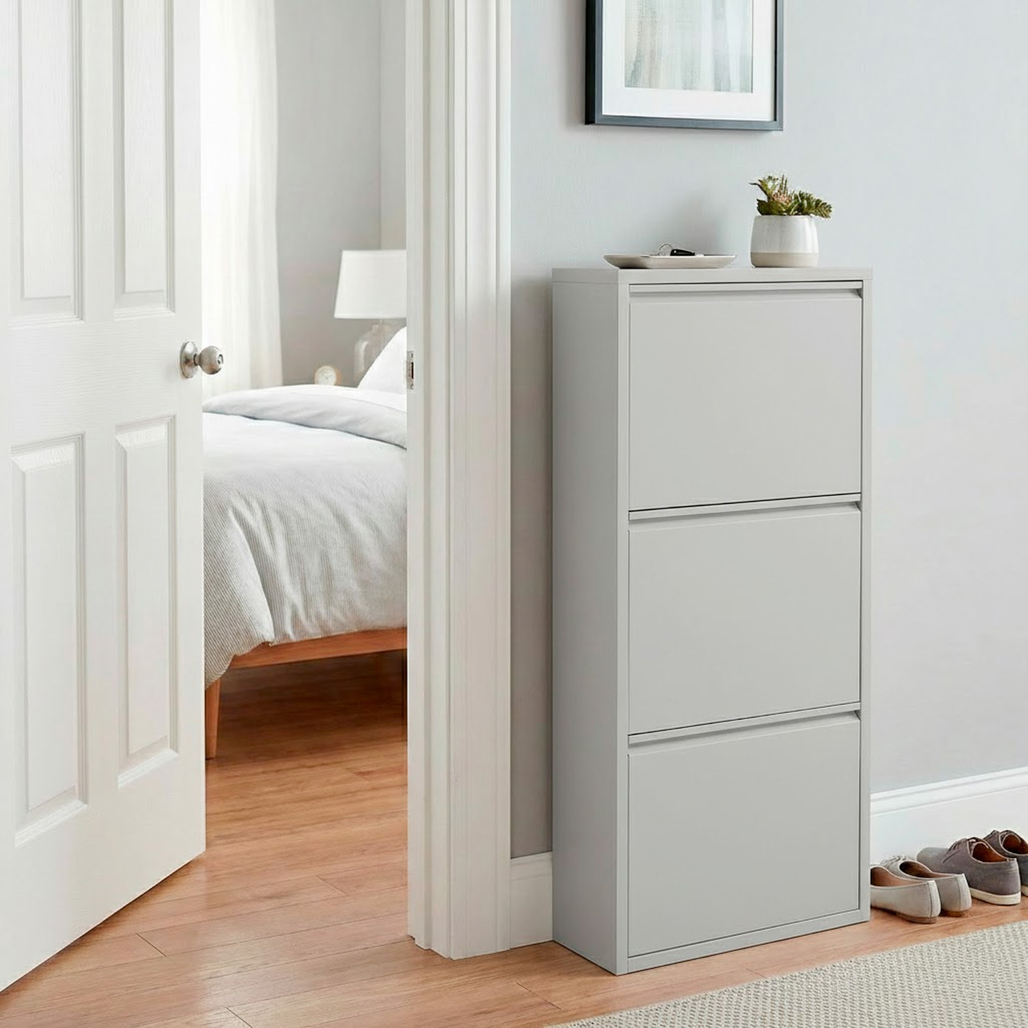 Scarpiera Slim In Metallo 3 Ante A Ribalta Ultra Sottile Salvaspazio Mobile Portascarpe Moderno Ingresso Camera Corridoio 104 x 50 x 15 Cm Grigio