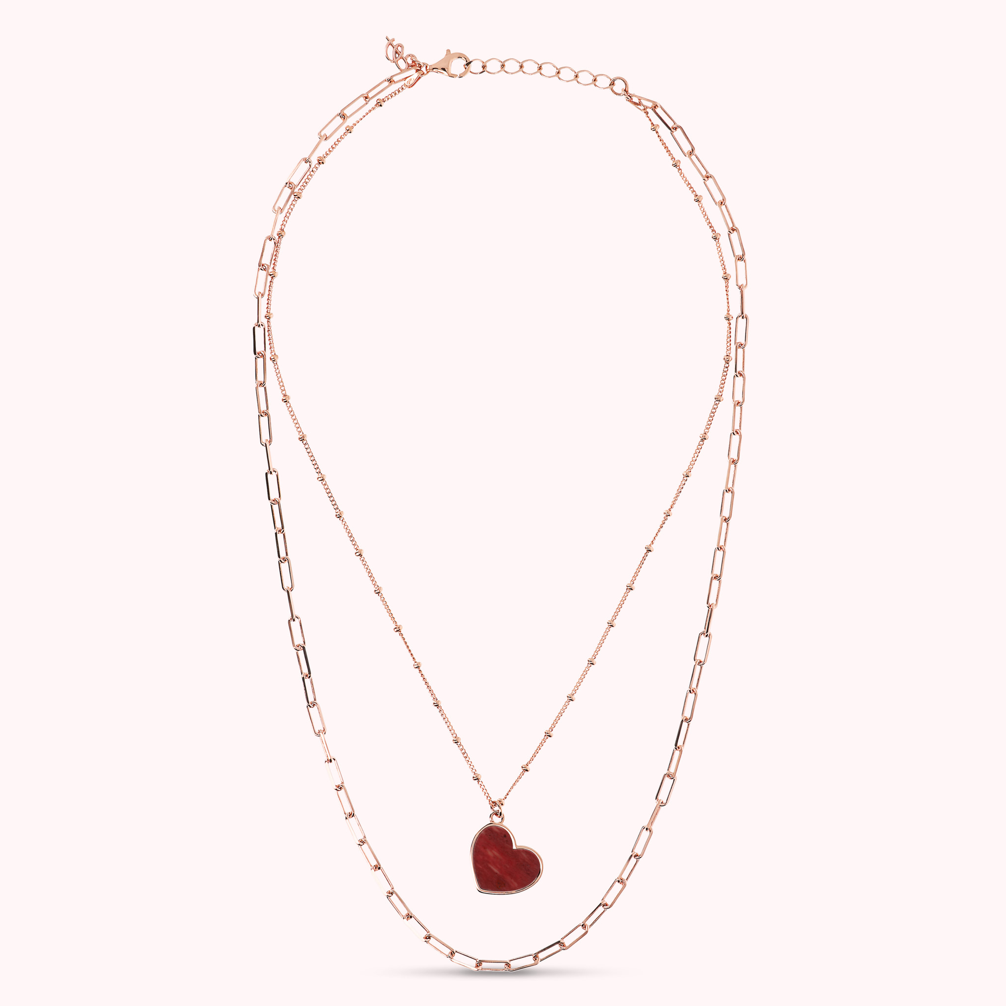 Collana Multifilo Forzatina e Catena Rosario con Pendente Cuore in Quarzite Rossa