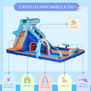 Outsunny Castillo Hinchable Infantil 6 en 1 Castillo Hinchable para Niños con Tobogán Piscina Muro de Escalada Cañón de Agua y Bolsa de Transporte Temática de Tiburón 440x350x240 cm Multicolor