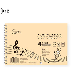 PACK 12 UNITA' QUADERNO MUSICA 4 PENTAGRAMMI A5 CERVANTES