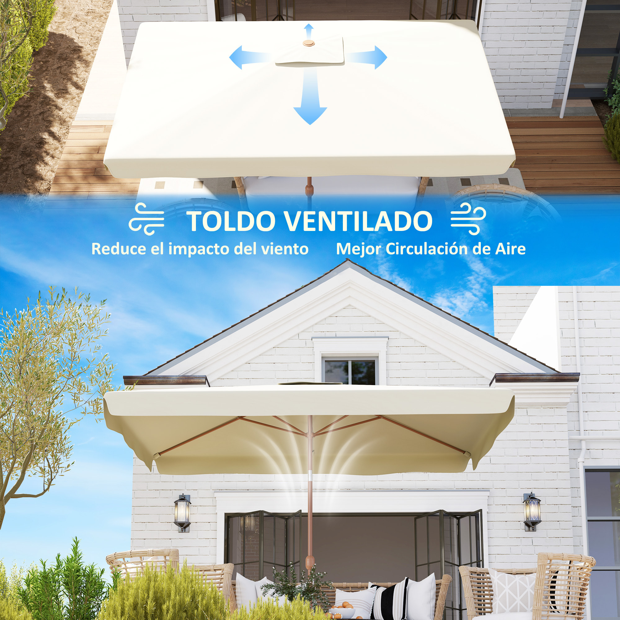Sombrilla de Terraza Exterior 300x200 cm Parasol de Terraza Exterior con Ángulo Ajustable Mástil de Aluminio Manivela y Protección UV 50+ Sombrilla para Jardín Patio Beige