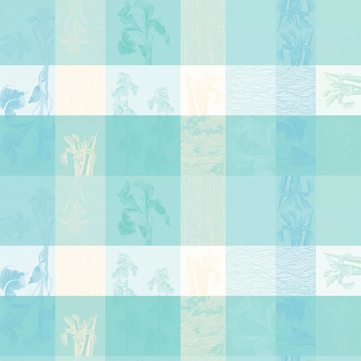 Nappe pur coton 220 g/m² motif jacquard bleu beige Mille iris d'eau aqua