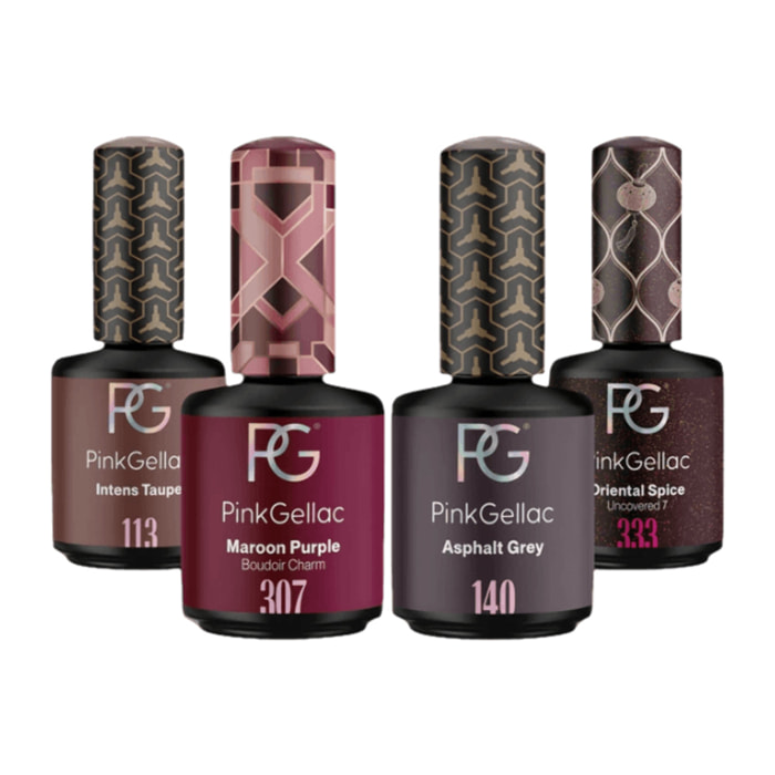 Set vernis semi-permanent - 4 x 15 ml Taupe, Violet, Gris & Violet Pailleté