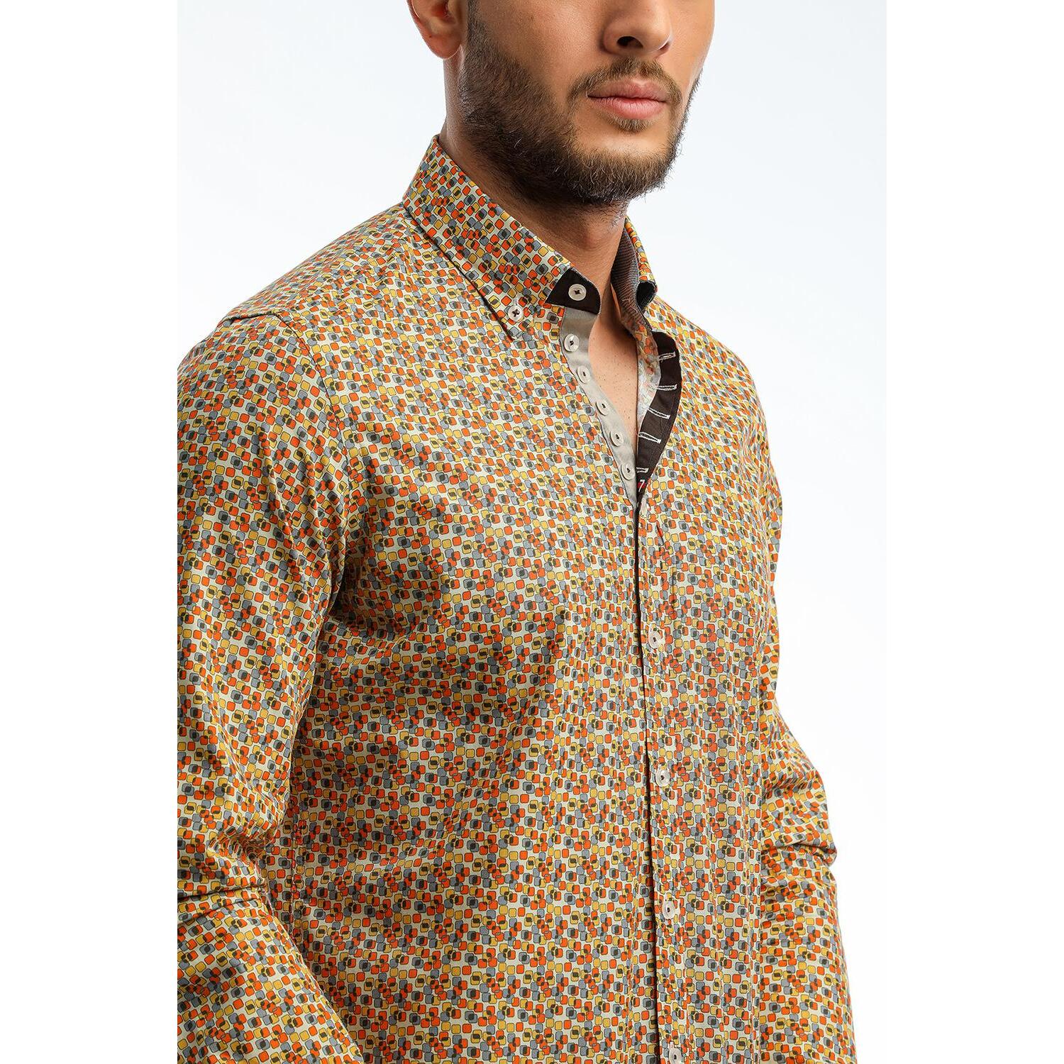 Camicia Uomo 1 Bottoni Button Down Slim Popeline Fantasia Bianco e Arancio