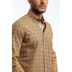 Camicia Uomo 1 Bottoni Button Down Slim Popeline Fantasia Bianco e Arancio