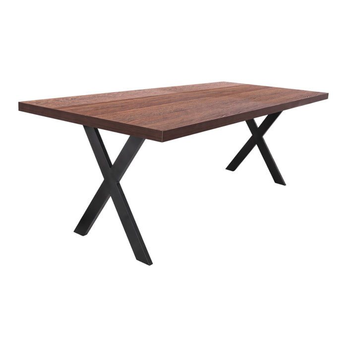 Tavolo da pranzo 220x100cm in legno e metallo con piedi ad "X" e ripiano in colore legno teak