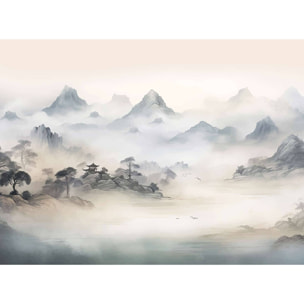Papier peint paysage montagne brume asiatique aquarelle zen Intissé