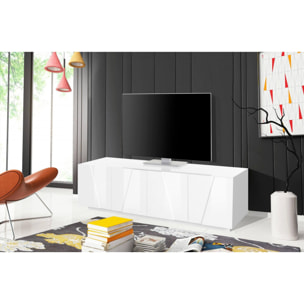 Mobile da soggiorno Porta TV, Made in Italy, Supporto per TV da salotto a 4 ante con dettaglio, cm 162x44h46, colore Bianco lucido