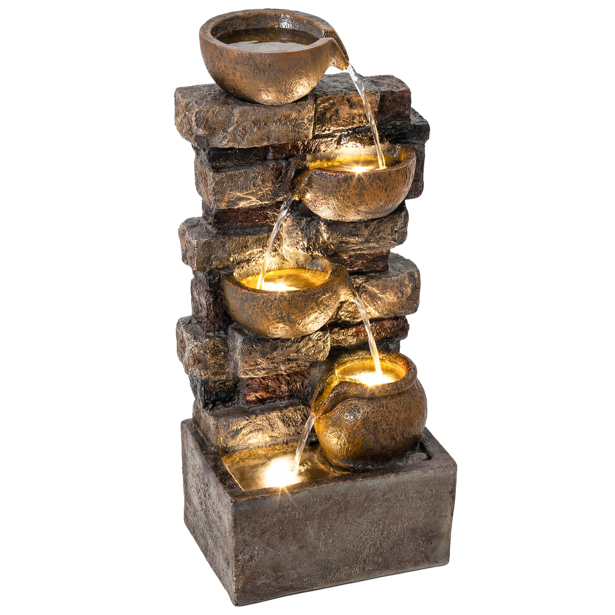 Fuente de Agua Decorativa con Iluminación LED y Bomba, Fuente de Jardín Exteror en Cascada de 5 Niveles, Flujo Ajustable, Resistente a la intemperie, para Jardín, Terraza, Marrón Rústico