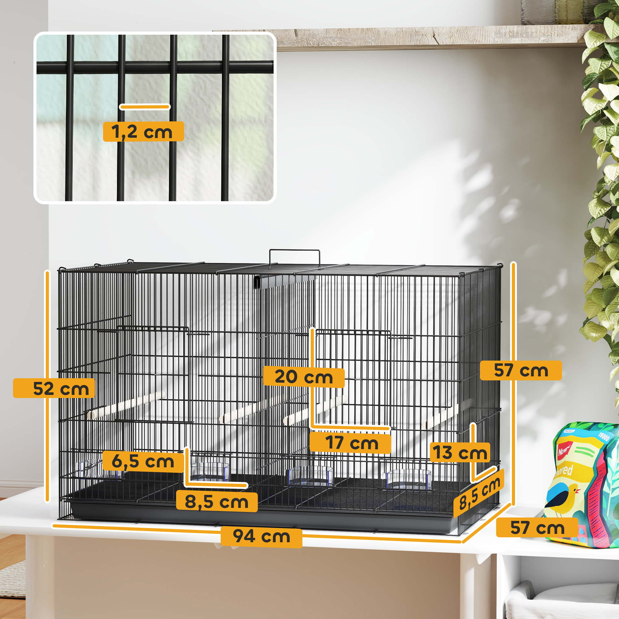 Jaula para Pájaros con Divisor Jaula para Mascota Aves Loros Canarios Pajarera con Comederos Perchas y Bandeja Extraíble 94x57x57 cm Negro