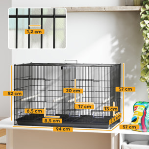 Jaula para Pájaros con Divisor Jaula para Mascota Aves Loros Canarios Pajarera con Comederos Perchas y Bandeja Extraíble 94x57x57 cm Negro