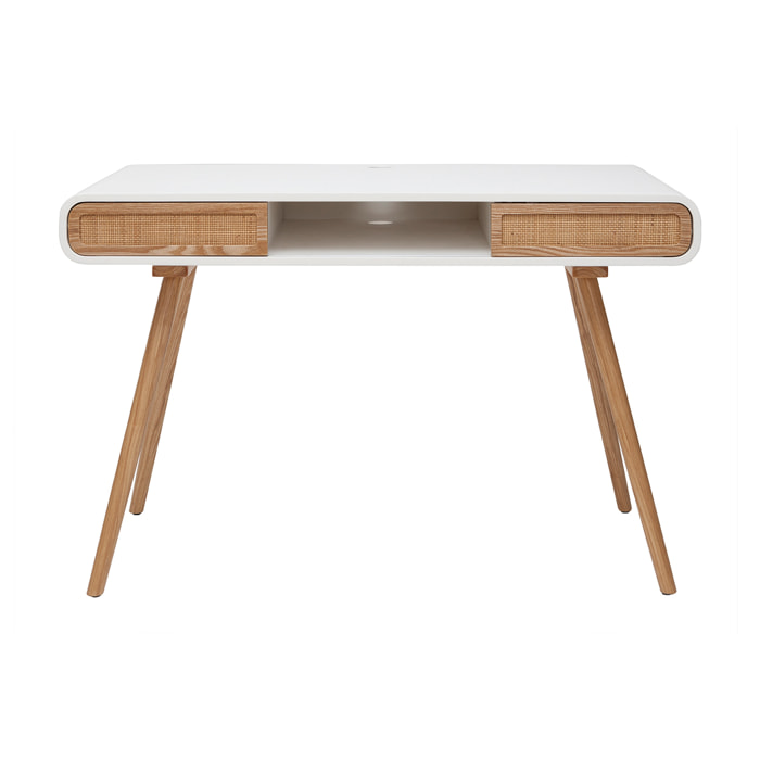 Bureau avec rangement vintage blanc, cannage et bois clair L120 cm OLYMPE