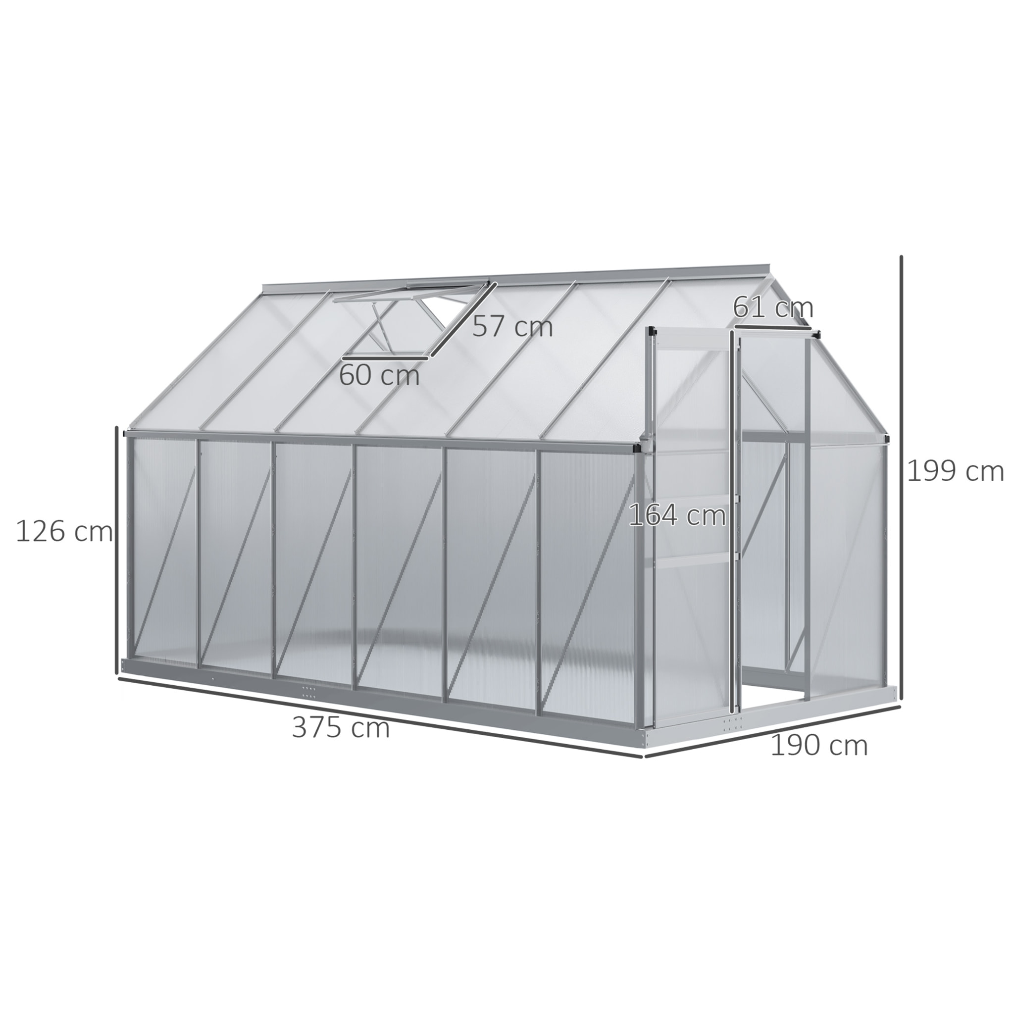 Serre de jardin aluminium polycarbonate 7,12 m² dim. 3,75L x 1,9l x 2H m lucarne réglable fondation porte coulissante