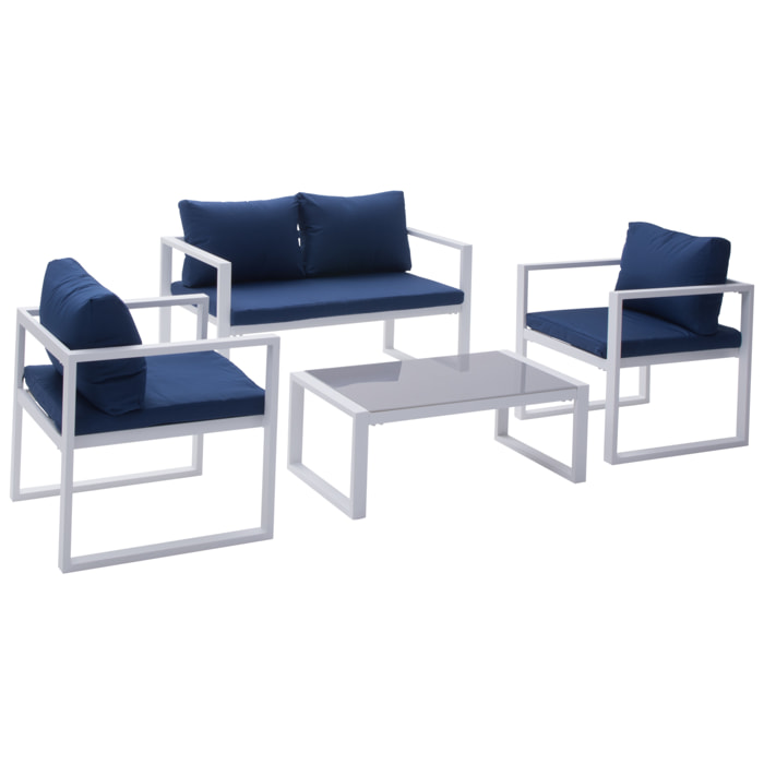 Salon de jardin IBIZA en tissu bleu 4 places - aluminium blanc