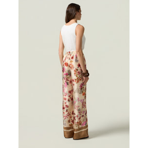 Oltre - Pantalones palazzo de satén estampado - Beige