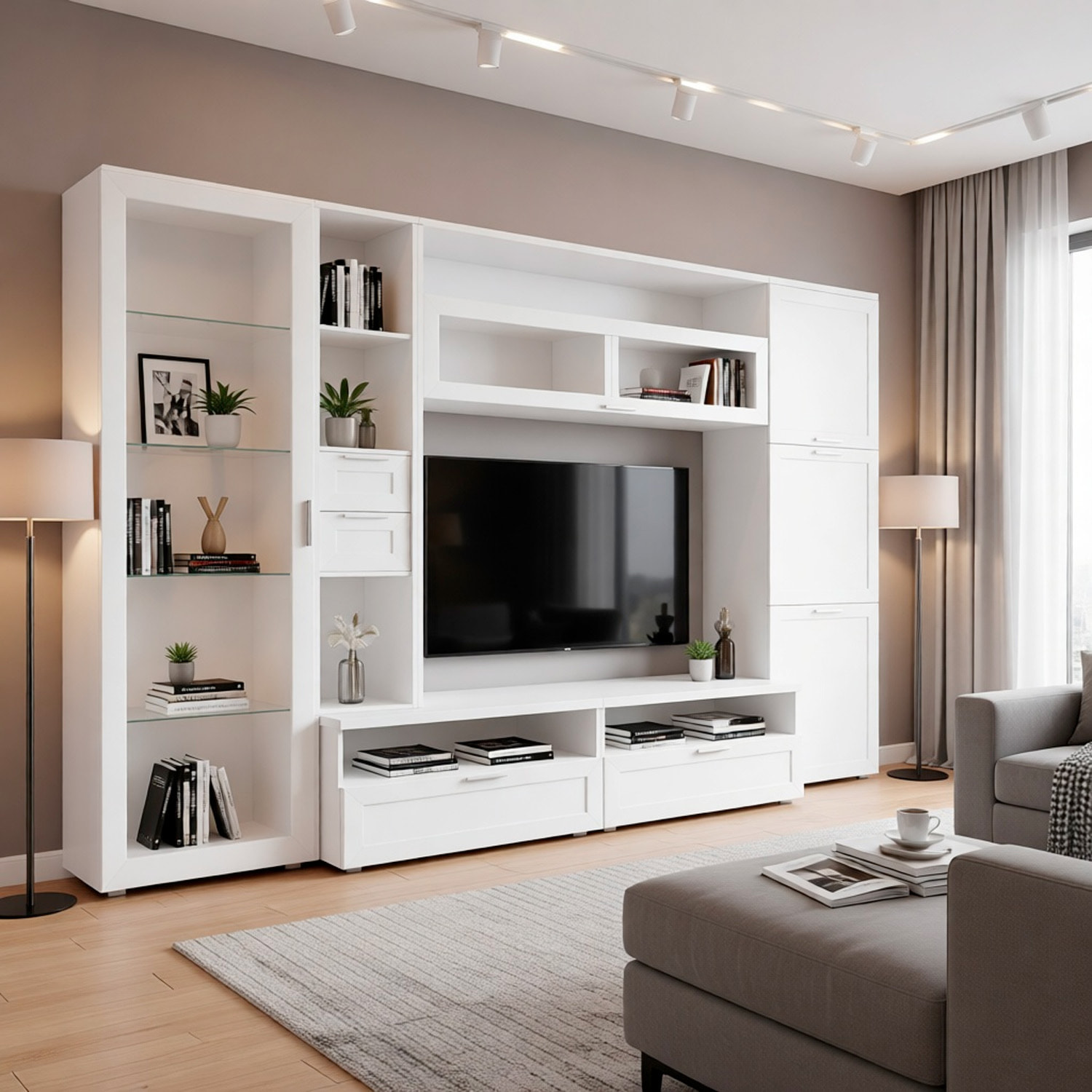 Parete Attrezzata Soggiorno Con Vetrina 6 Ante Battenti E 3 Ribalte Ampio Mobile Porta TV Con Ripiani Design Moderno Living 300 x 50 x 215 Cm Bianco