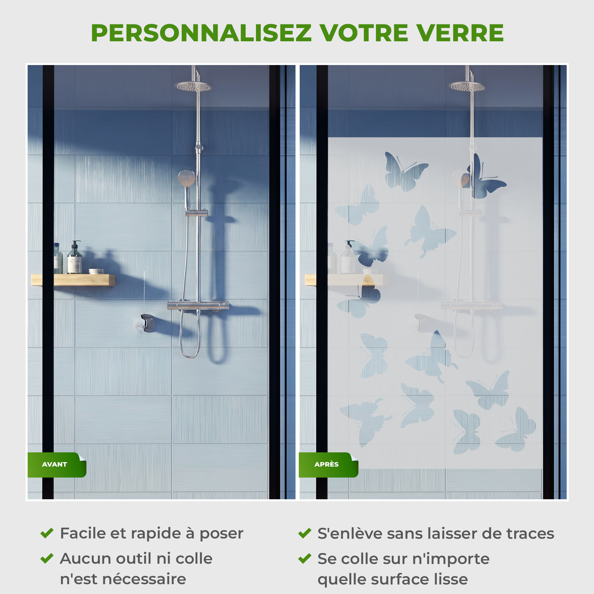 Film Fenêtre Anti Regard Occultant - PAPILLONS - Stickers Autocollant Brise-Vue pour Vitre & Porte de Douche