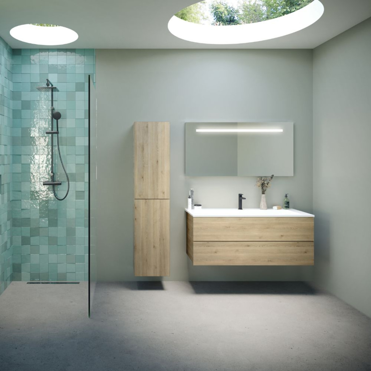 Meuble vasque 120 cm BURGBAD Cosmo chêne cachemire + miroir + colonne